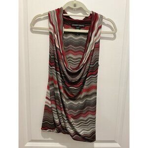 Julian Chang Top XL Women’s Sleeveless Red Gray Black Drape Neck Line